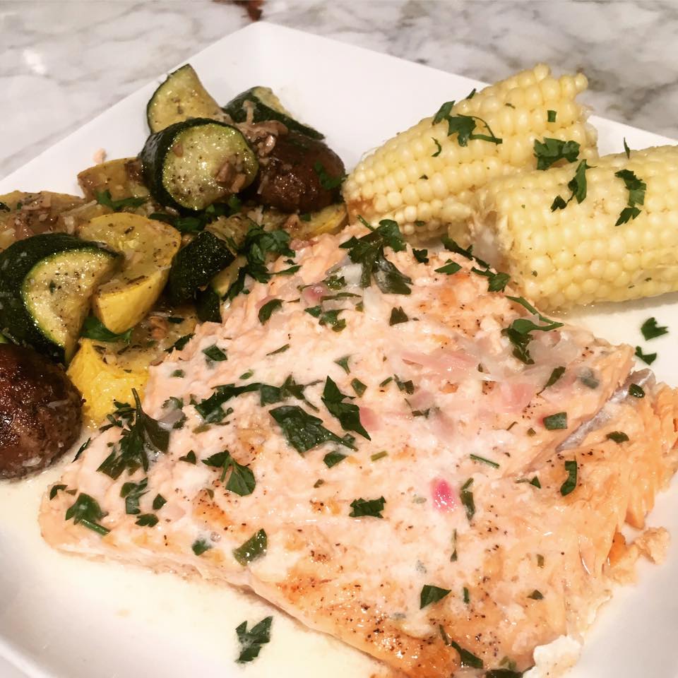 Salmon with Garlic Cream Sauce and Roasted Vegetables