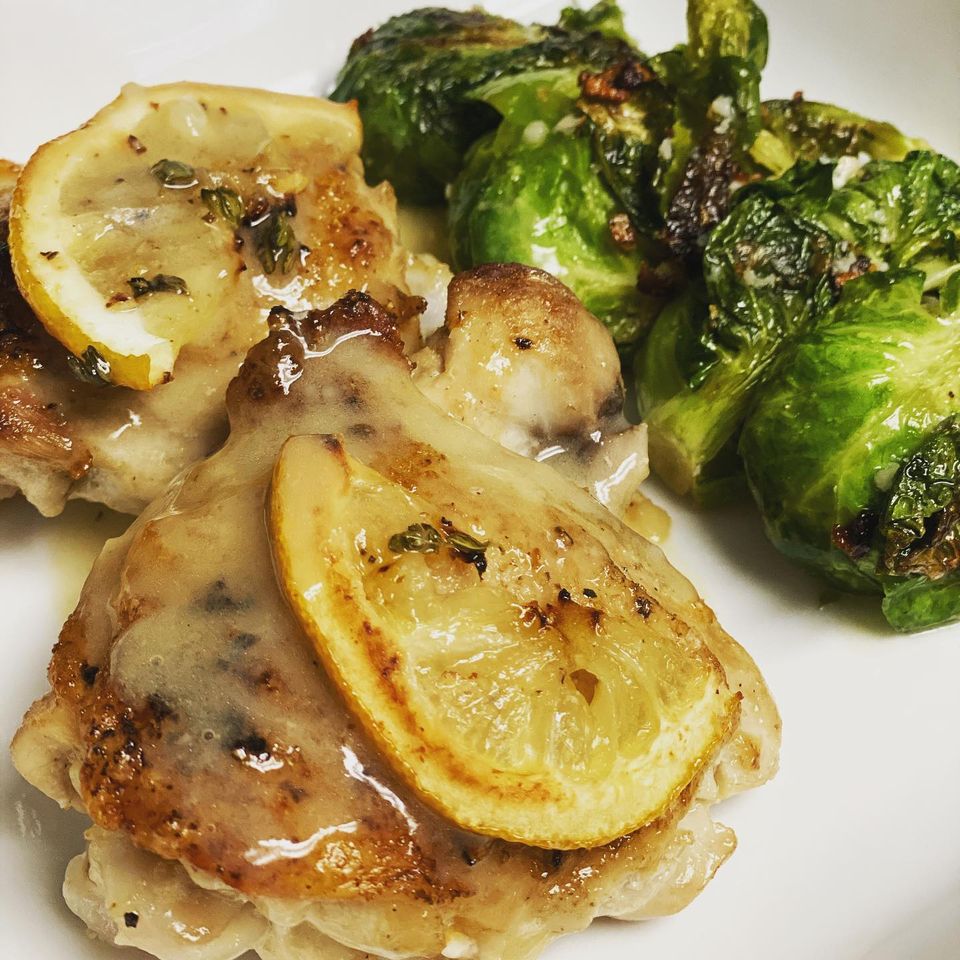 Lemon Pepper Chicken with Garlic Sauce and Roasted Brussel Sprouts